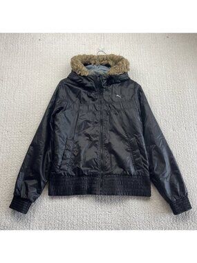 Y2K Puma Faux-Fur Hoodie Full Zip Jacket Shiny Satin Black Wom Sz L Hip Hop 2000
